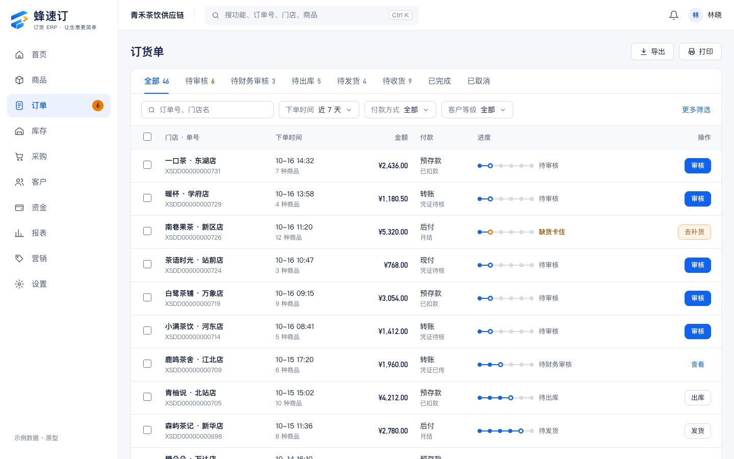 蜂速订订单列表界面